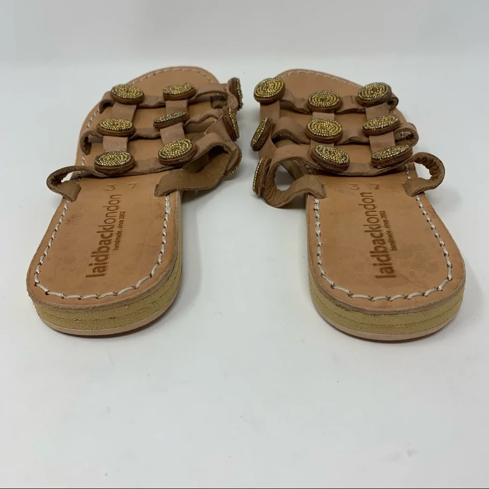 Anthropologie Laid Back London Handmade Leather Beaded Tan Gold Sandal Size 6